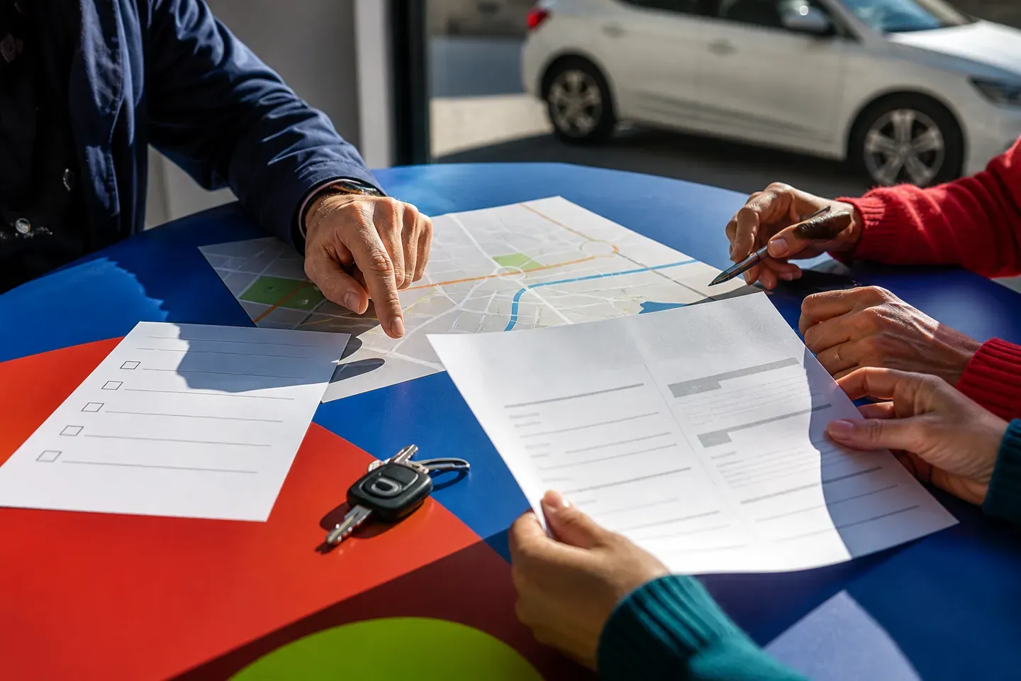 Famille comparant un parcours, une checklist et des documents avant de choisir une auto-école