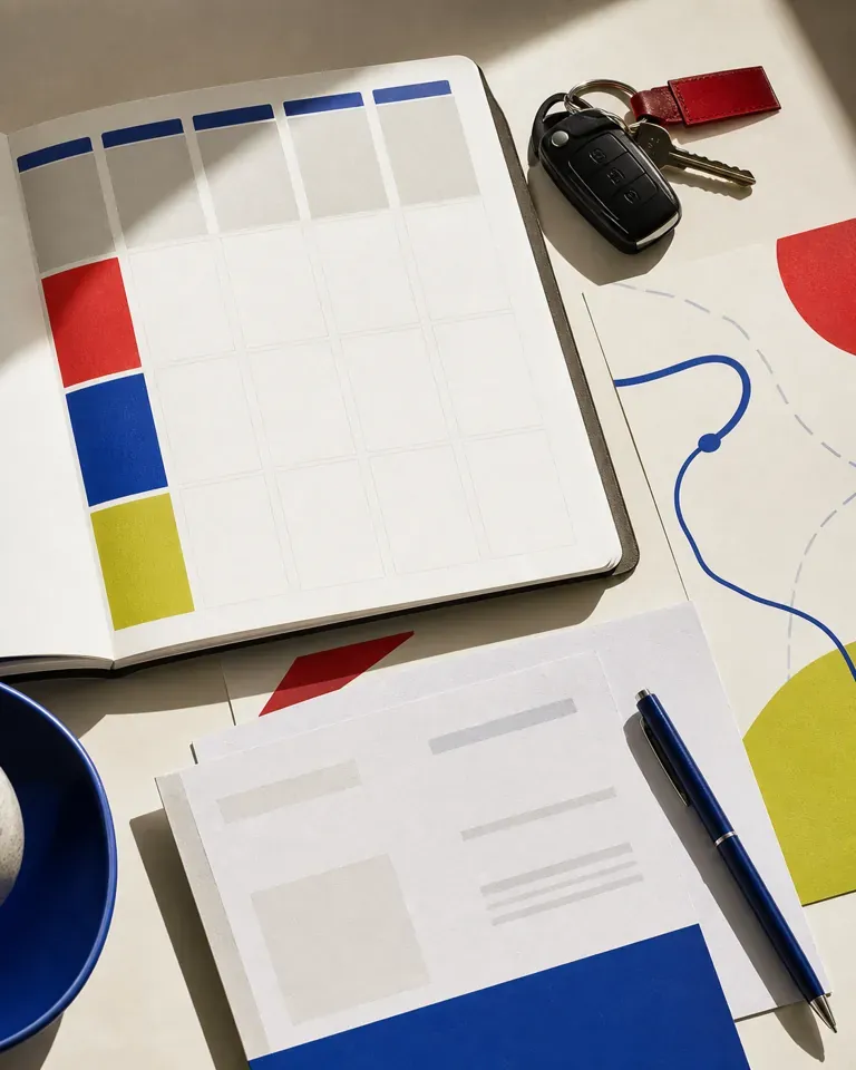 Planning vierge, clés et tracé préparés pour organiser la conduite accompagnée