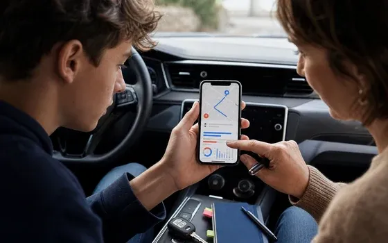 Élève et accompagnatrice consultant une application de suivi dans un véhicule à l’arrêt