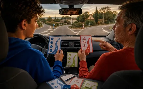Élève et accompagnateur comparant les avantages et contraintes de la conduite accompagnée